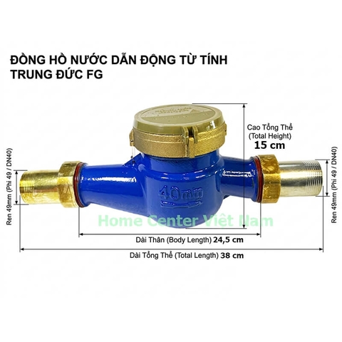 FG DN40 - Đồng hồ nước dẫn động từ tính ren 49mm Trung Đức DN40- Không Kiểm Định