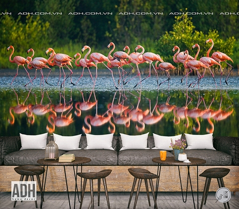 Tranh dán tường hồng hạc flamingo trên sống nước ADH190920-02