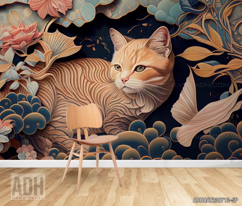 Tranh dán tường mèo trang trí  3D dễ thương
