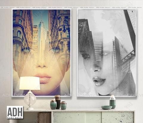 Bộ 2 tranh canvas hình khuôn mặt cô gái lồng cảnh thành phố  ADH007852