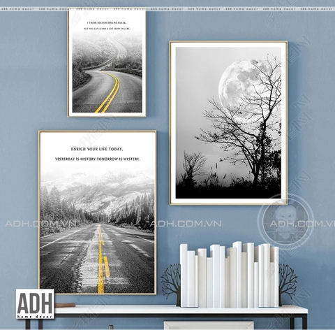 Bộ 3 tranh canvas con đường màu xám và vàng, tranh phong cảnh trên đường, du lịch ADH00721