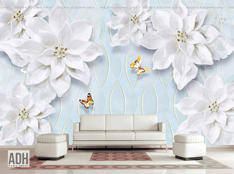 Tranh dán tường hoa trắng và bướm ADH191003