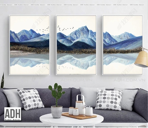 Bộ 3 tranh canvas trừu tượng, phong cảnh núi xanh ADH00365