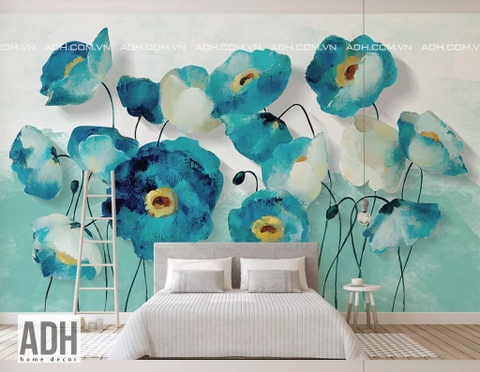 Tranh dán tường hoa poppy màu xanh ADH190822-35