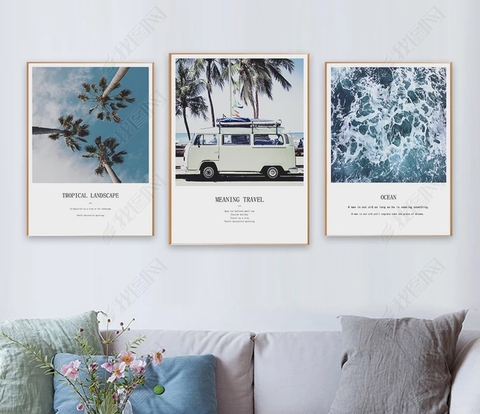 Bộ 3 tranh canvas cảnh biển, ô tô, cây dừa ADH00641