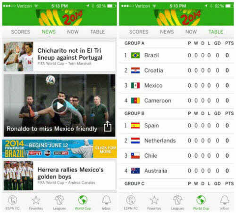 Ứng dụng theo dõi World Cup cho smartphone