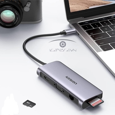 Hub USB Type C 10 in 1 to HDMI, VGA, 3.5mm, LAN, USB 3.0, đọc thẻ SD/TF, PD USB C Ugreen 80133