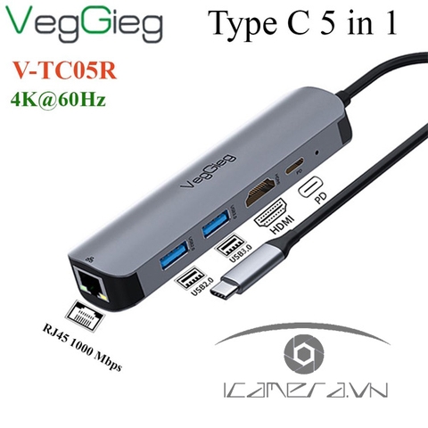 Bộ chia Type-C to HDTV+USB3.0*2+PD+RJ45 (V-TC05R) VEGGIEG