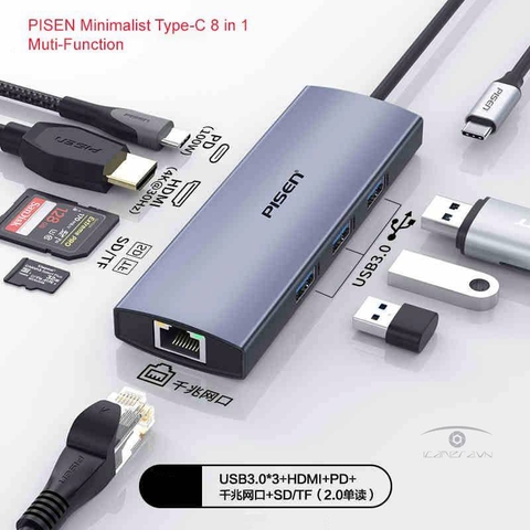 Bộ chuyển đổi đa năng 8 trong 1 Type-C PISEN Minimalist