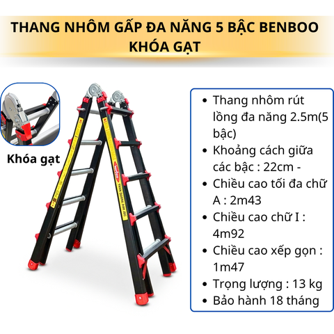Thang nhôm gấp (rút lồng) đa năng Benboo BB-45G 5 bậc khóa gạt