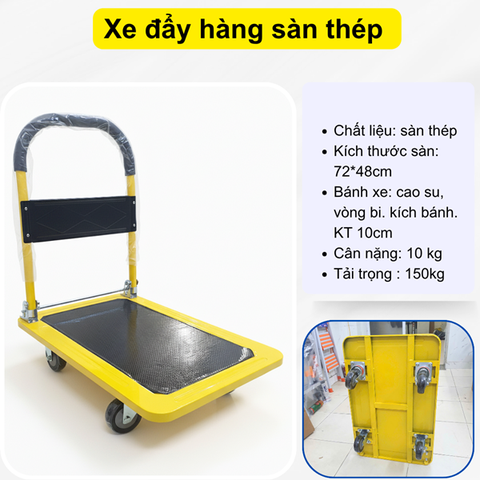 Xe đẩy hàng sàn thép 4 bánh vàng đen 150kg