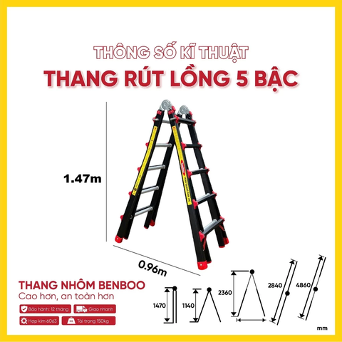Thang nhôm gấp (rút lồng) đa năng Benboo BB-45G 5 bậc khóa gạt