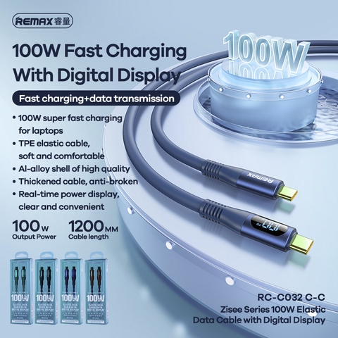 Cáp sạc type-C to type-C Remax RC-C032 hỗ trợ PD 100W có LCD báo dòng sạc