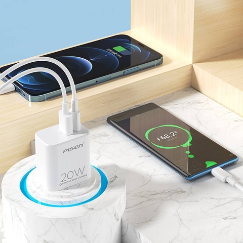 Cốc sạc nhanh 2 cổng Pisen RY01520W1C1AC hỗ trợ USB QC 3.0 và TypeC PD 20W