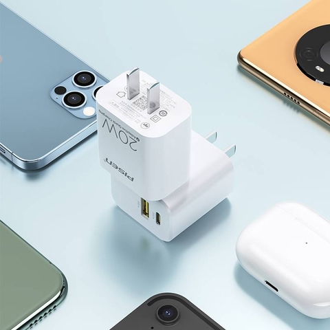 Cốc sạc nhanh 2 cổng Pisen RY01520W1C1AC hỗ trợ USB QC 3.0 và TypeC PD 20W
