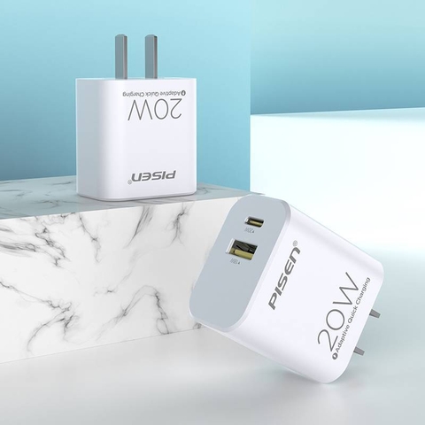 Cốc sạc nhanh 2 cổng Pisen RY01520W1C1AC hỗ trợ USB QC 3.0 và TypeC PD 20W