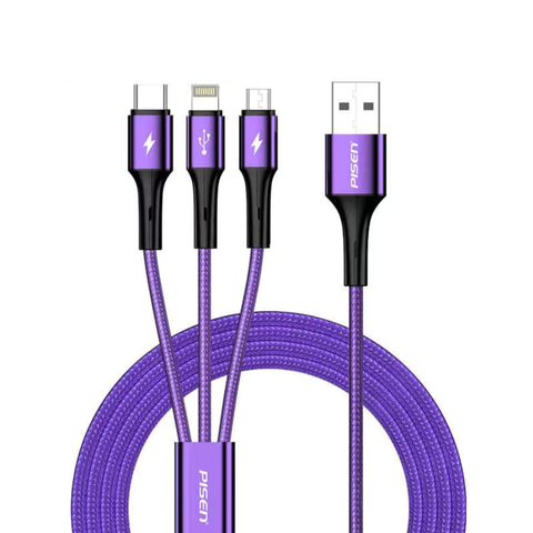 Cáp sạc điện thoại PISEN 3 trong 1 3A 1,8m (Lightning/Type C/Micro) backlight (LS-AP13-1800)