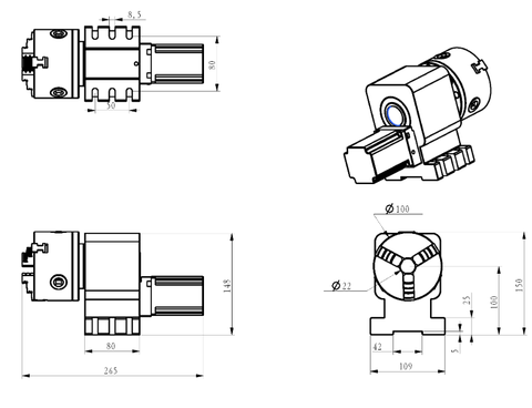 Trục Quay CNC 100mm (Trục A – Mâm 3 Chấu / 4 Chấu)