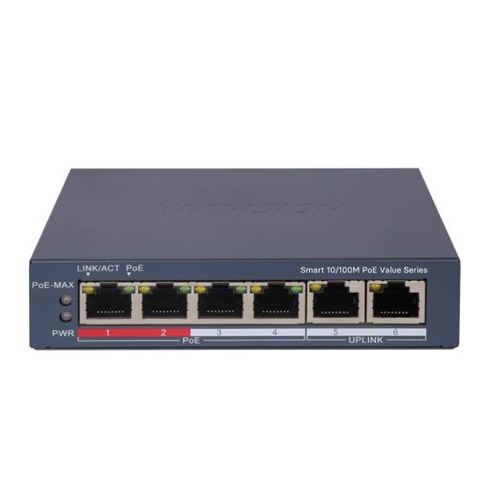 Switch mạng thông minh 4 cổng PoE  2 cổng uplink 100Mbps Hikvision DS-3E1106P-EI/M