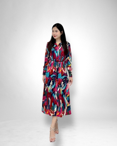 Đầm maxi xẻ nút tay dài + dây eo - bâu, tay viền đen - lụa