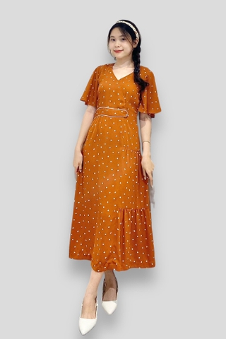 Đầm cổ tim đắp tùng rã dún tay loe