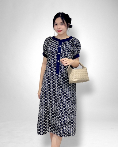 Đầm suông qua gối cổ thuyền nẹp cơi, cà vạt nút hoa tay raplan, túi - 2l
