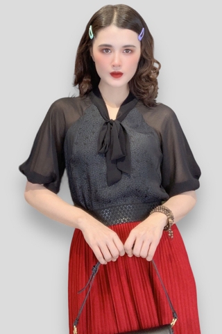 Áo cổ tim cột dây nơ, tay dún bo