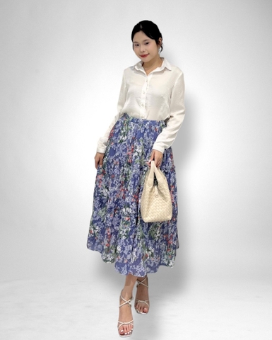 Váy 3 tầng dún, lưng thun - boy dập xanh hoa - 2l