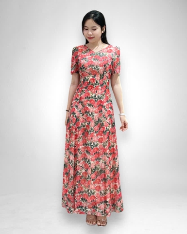 Đầm maxi 6 mảnh cổ tim tay ngắn 2 lớp -  voan kem hoa hồng