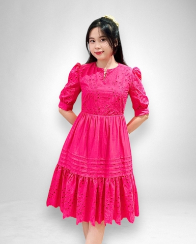 Đầm suông tay lỡ bèo lai bông chân 2l - boy thêu hồng sen