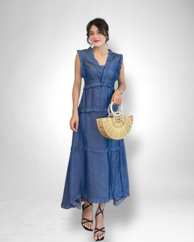 Đầm maxi cổ V rã tầng viền ren đen