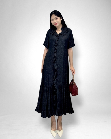 Đầm maxi tay ngắn suông tùng dún, cổ V bèo, 2l, dk sau
