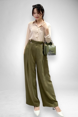 Quần ống rộng lưng cao trước xếp 2 nút