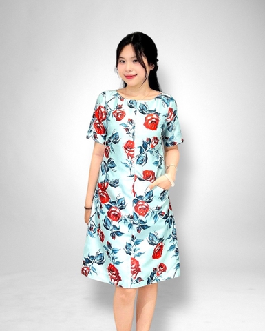 Đầm suông cổ thuyền v trên vai, dk sắt, túi xéo trước, tay con, 2 lớp