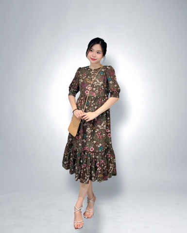 Đầm suông tay lỡ bèo lai bông chân 2l - voan nâu hoa