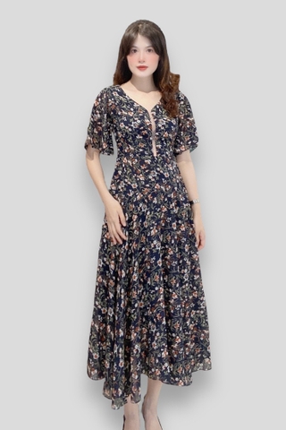 Đầm maxi tay ngắn, cổ tim lưới rã eo tùng rộng