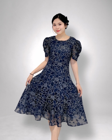 Đầm cổ tròn trước V sau, 6 mảnh tay ngắn dún, voan ép xanh dương, 2 lớp