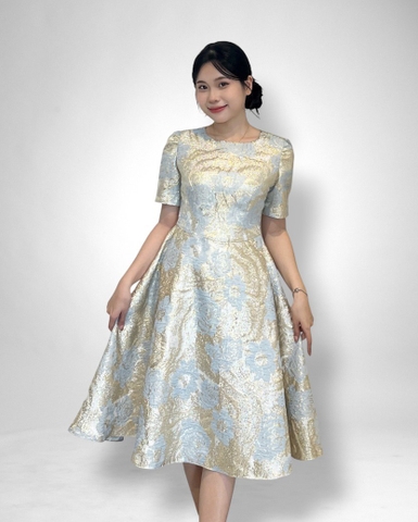 Đầm cổ thuyền tay ngắn dún, tùng xoè, dk sắt