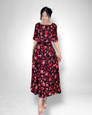 Đầm maxi rã eo cài nút sau, thun sau, tay ngắn