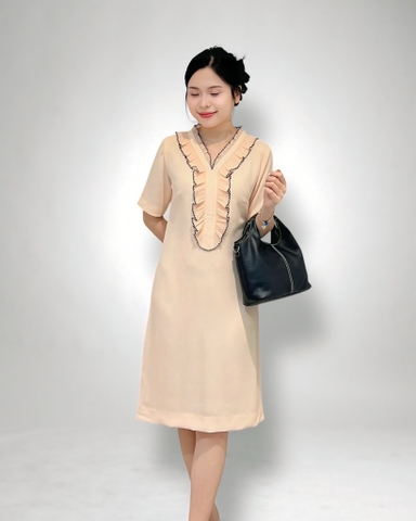 Đầm cổ tim nẹp cơi bèo dập tay ngắn, 2l