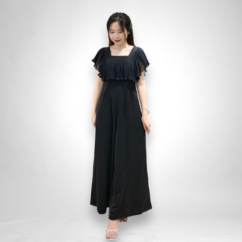 Jumsuit dài cổ vuông bèo dập, 2 túi trước - đen