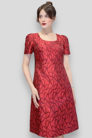 Đầm suôn cổ U tay ngắn xếp vuông