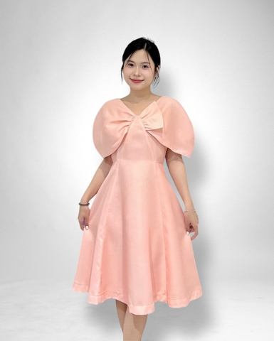Đầm tiệc vai chụp tùng xòe, nơ 1 bên 2l - hồng dâu