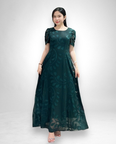 Đầm maxi 6 mảnh cổ tim tay ngắn -  voan ép xanh rêu