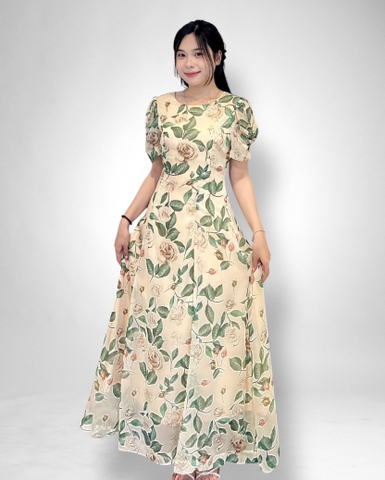 Đầm maxi 6 mảnh cổ tim tay ngắn 2 lớp -  voan kem lá xanh