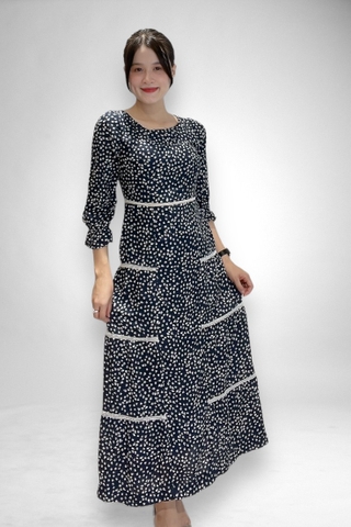 Đầm maxi tay dài, tầng cổ tim rã eo ghép ren