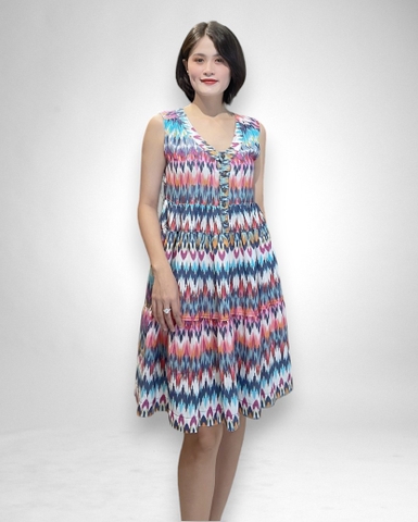 Đầm baby doll cổ tim xẻ nút kg tay