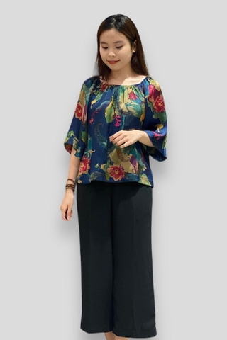 Quần suôn lỡ lưng sau thun - lụa đen