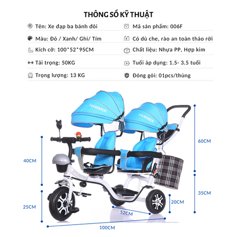 Xe đạp đẩy ba bánh cho 2 bé sinh đôi hàng cao cấp