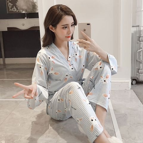 đồ bộ kimono dài sọc con thỏ